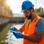 Homem usando equipamento de proteção individual, com colete refletivo e capacete, utilizando um smartphone próximo a um corpo d'água.