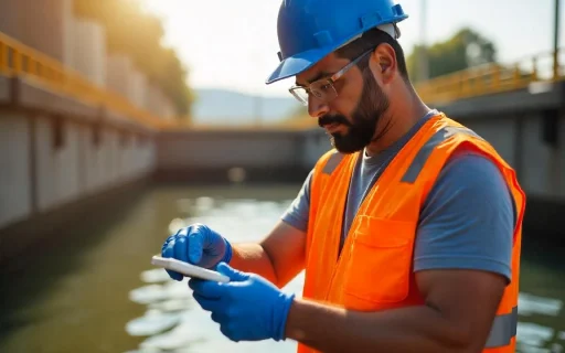 Homem usando equipamento de proteção individual, com colete refletivo e capacete, utilizando um smartphone próximo a um corpo d'água.