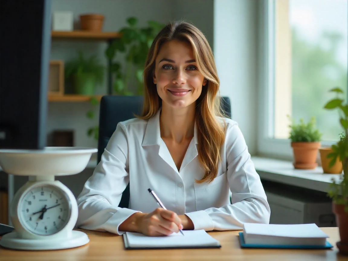Mulher sorridente em ambiente de escritório com plantas ao fundo, atuando de forma profissional e elegante.