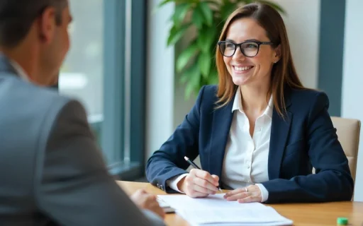 Mulher sorridente em uma reunião de negócios, usando óculos e vestindo um terno, escreve em documentos enquanto conversa.