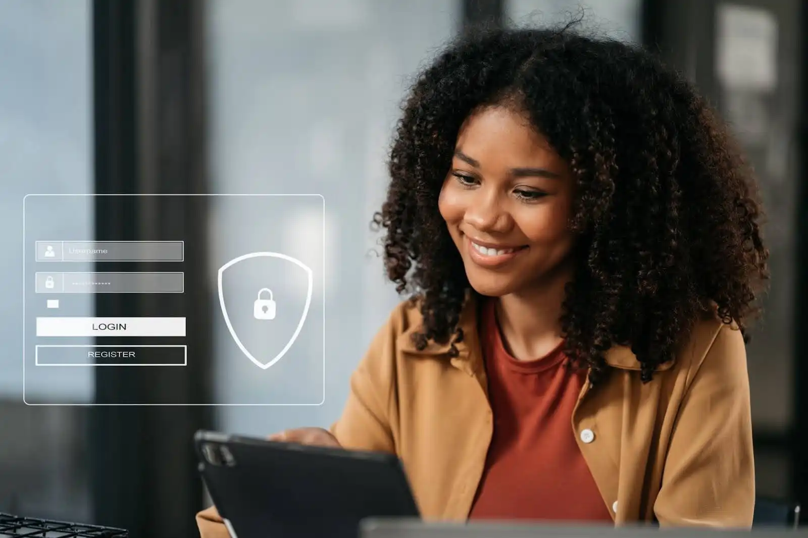Uma mulher sorridente está usando um tablet, acessando um sistema de login com ícones de segurança e privacidade ao fundo.