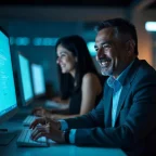 Homem sorridente trabalhando em computador ao lado de mulher em ambiente corporativo, destacando o trabalho em equipe e tecnologia.