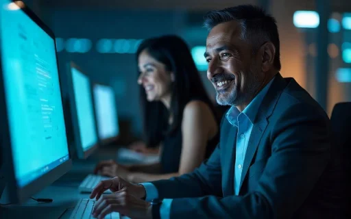 Homem sorridente trabalhando em computador ao lado de mulher em ambiente corporativo, destacando o trabalho em equipe e tecnologia.