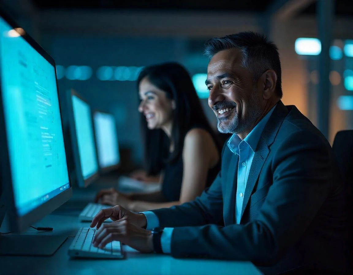 Homem sorridente trabalhando em computador ao lado de mulher em ambiente corporativo, destacando o trabalho em equipe e tecnologia.