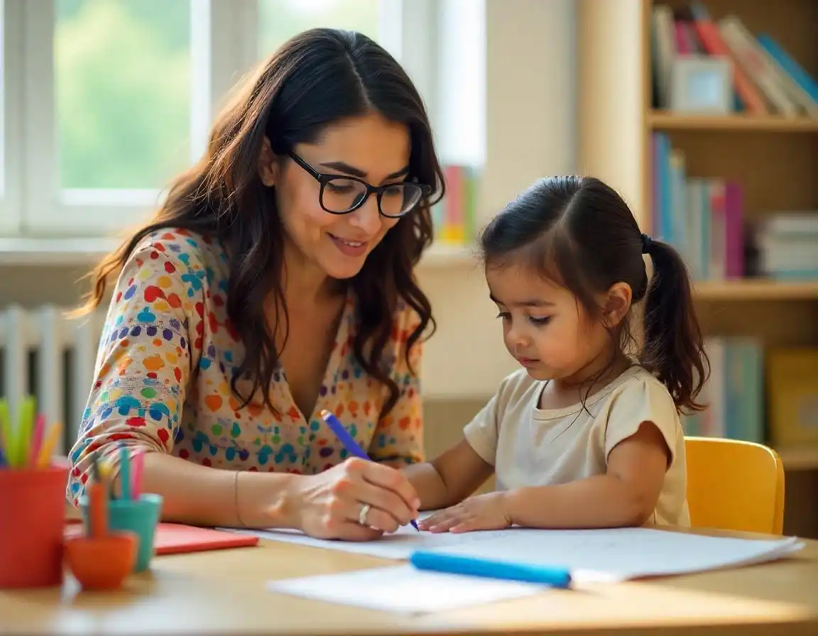 Mulher e criança interagindo durante atividade de desenho em mesa. O ambiente é acolhedor e cheio de livros, indicando um momento educativo especial.