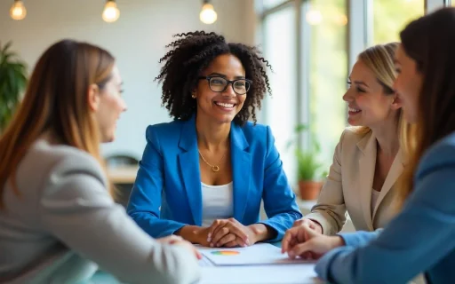 Mulheres em reunião colaborativa, sorrindo e discutindo ideias em um ambiente de escritório moderno iluminado. A interação reflete trabalho em equipe e criatividade.