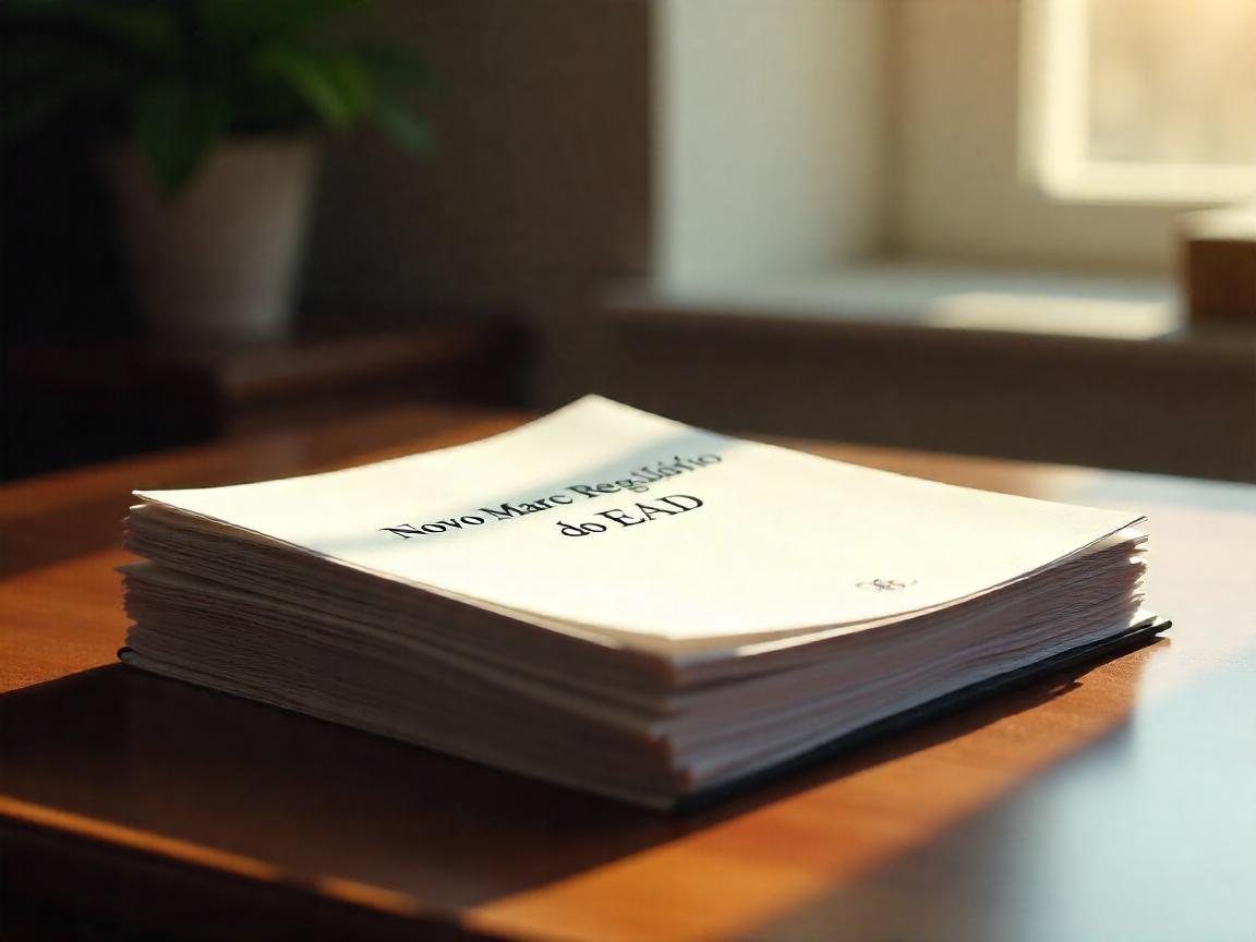 Documento impresso com a frase 'Novo Mais Requinte do EAD' colocado sobre uma mesa de madeira perto de uma janela, com luz natural entrando no ambiente.