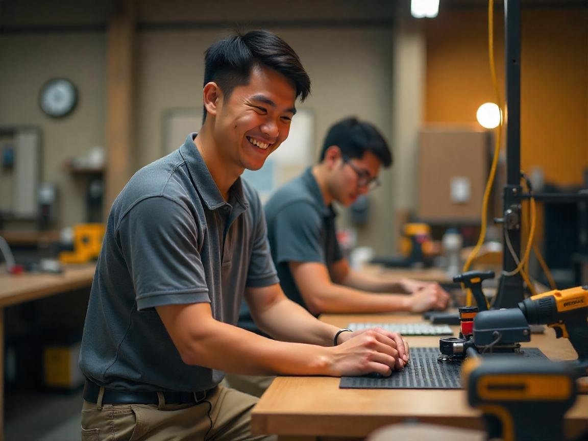 Homem sorridente trabalhando em oficina de eletrônica ou montagem de dispositivos eletrônicos, concentrado na tarefa com ferramentas ao redor