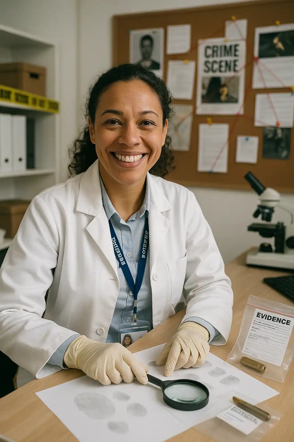 Detetive feminina sorrindo com lupa em mesa de investigação, papel com impressões digitais e quadro de cenas de crime ao fundo, em laboratório forense.