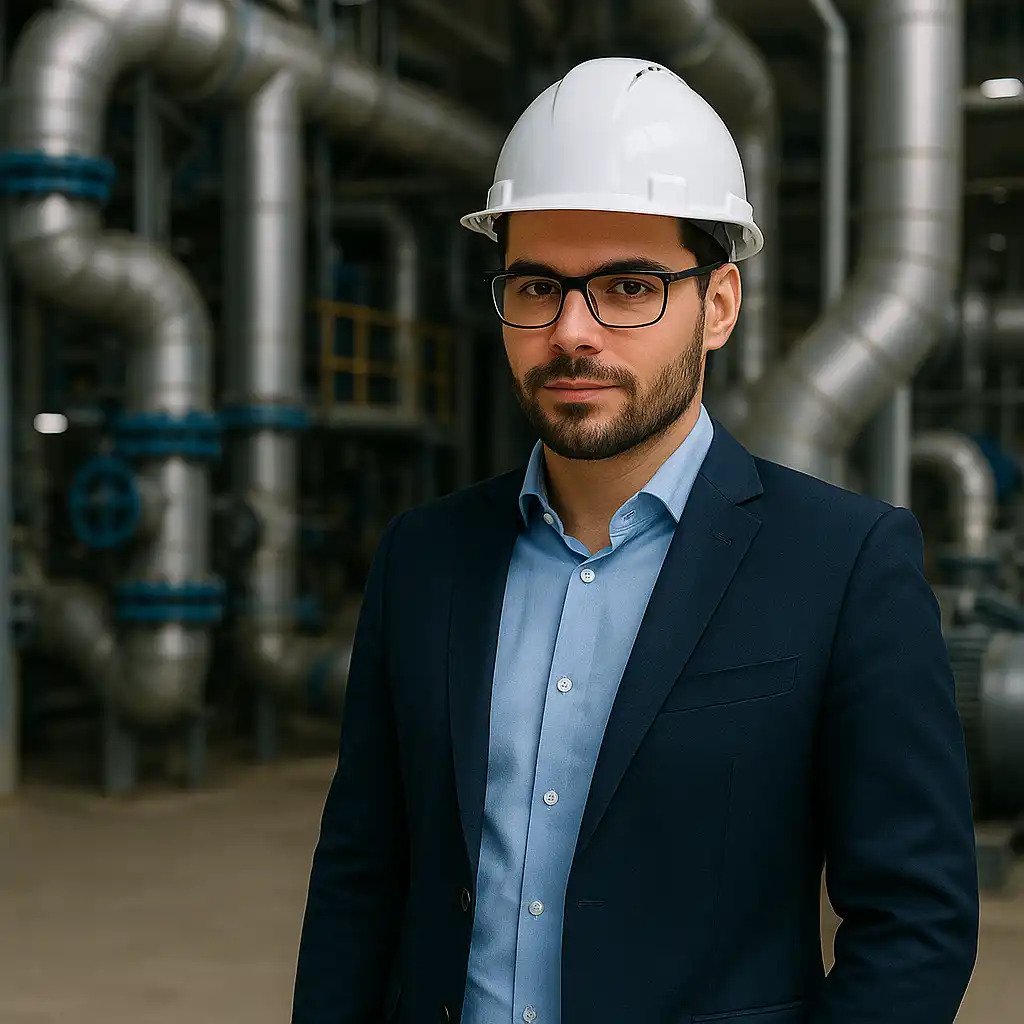 Engenheiro de segurança industrial com óculos e capacete branco, vestindo terno azul, no ambiente de uma planta industrial com tubulações metálicas ao fundo.