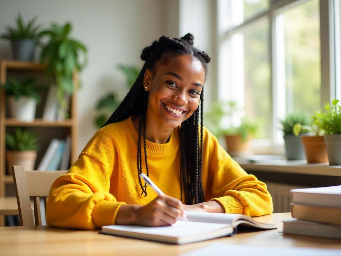 Mulher estudando ou trabalhando em um ambiente bem iluminado com plantas ao fundo, usando suéter amarelo e sorrindo.