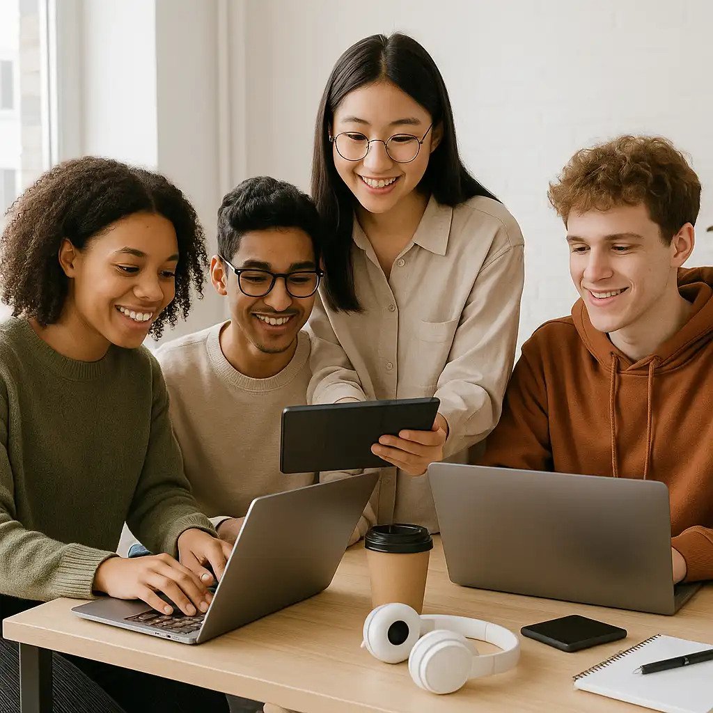 Grupo de jovens de diferentes etnias colaborando e trocando ideias em um ambiente de trabalho, utilizando laptops e celular com sorriso no rosto, representando trabalho em equipe e tecnologia.
