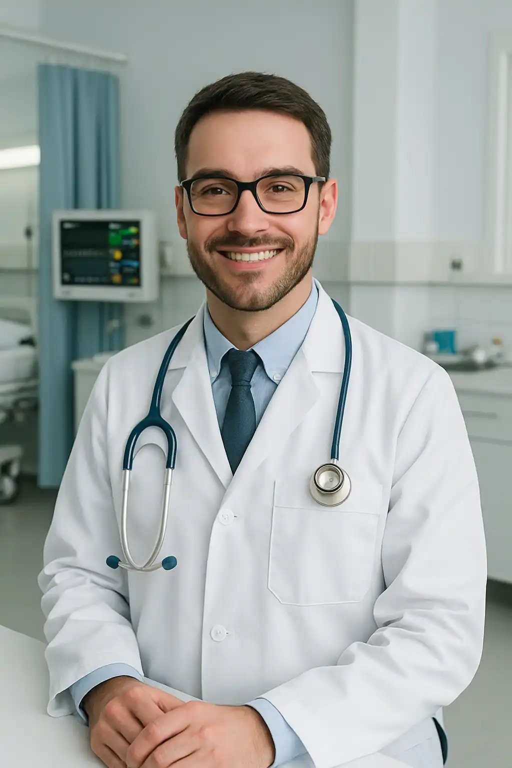 Profissional da saúde sorridente em clínica, representando uma carreira de sucesso