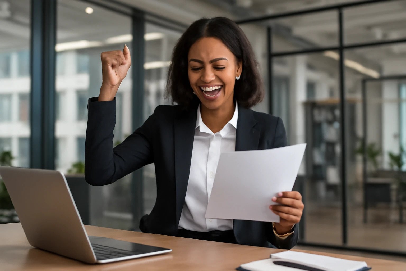 Mulher de negócios celebrando vitória no escritório, segurando papel na mão com expressão de alegria e triunfo