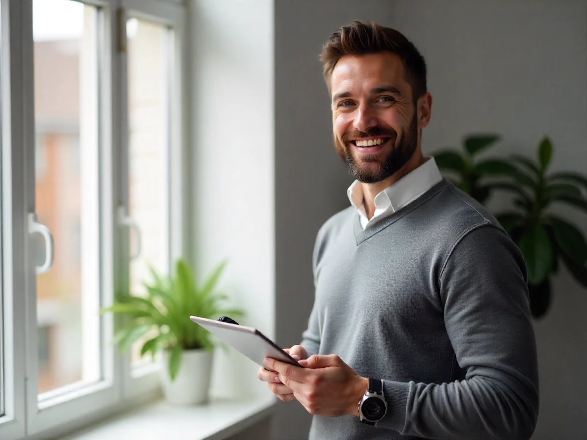 Homem sorridente usando celular e vestindo suéter cinza em escritório bem iluminado com plantas,