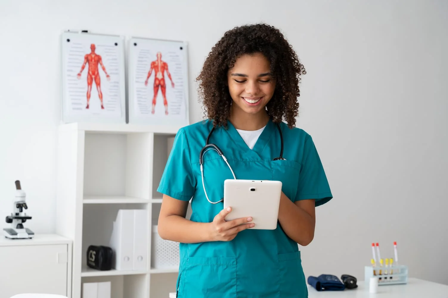 Enfermeira usando dispositivo digital em ambiente de saúde, ilustrando a integração entre enfermagem e tecnologia para aprimorar o cuidado ao paciente.