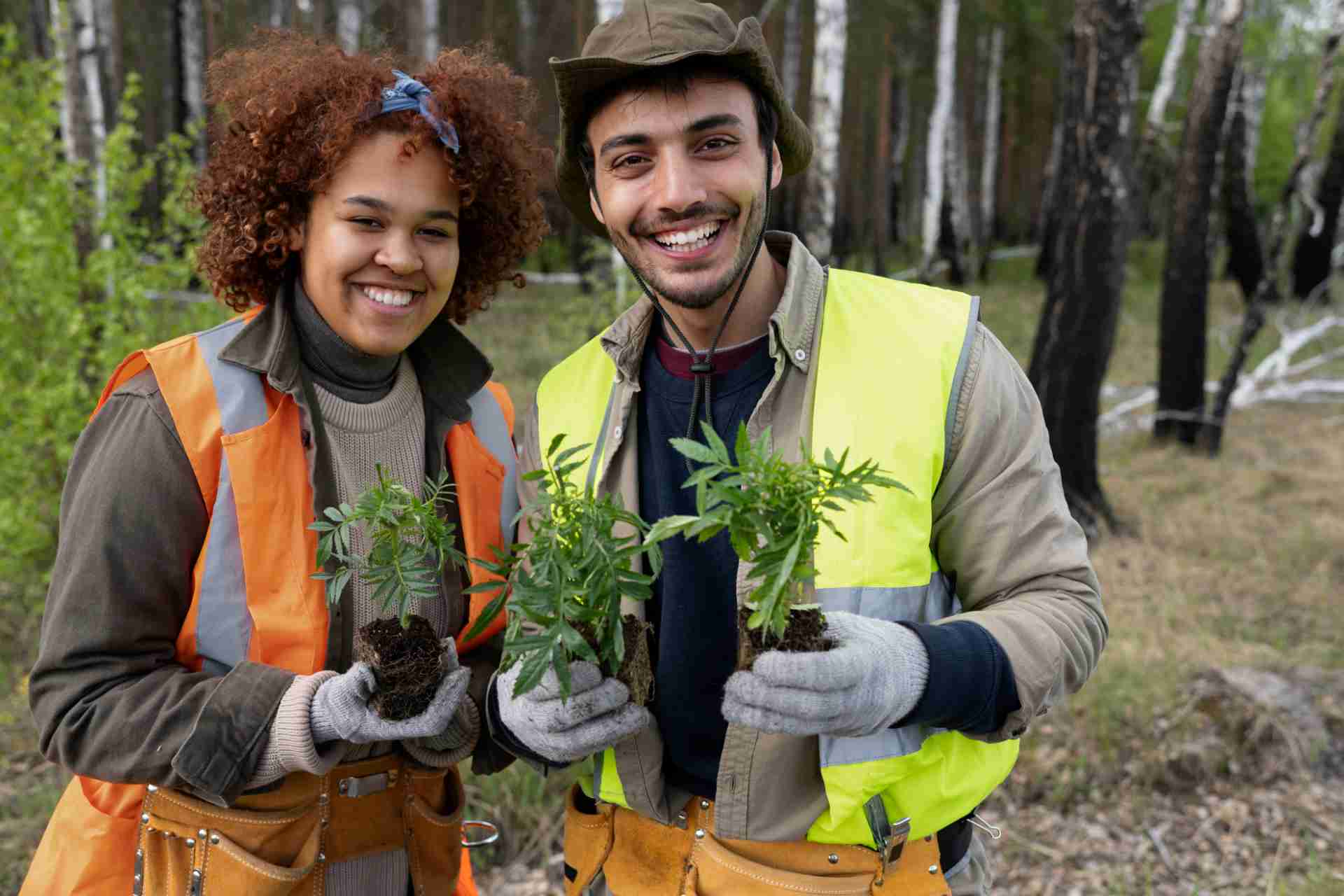 Técnico em meio ambiente realizando análise de plantas na floresta com uma colega, ambos usando equipamentos de proteção e vestuário adequado.