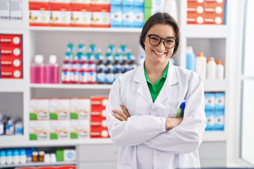 Mulher farmacêutica de jaleco branco e óculos, sorrindo com braços cruzados em laboratório, ao fundo há prateleiras com frascos e materiais de pesquisa.