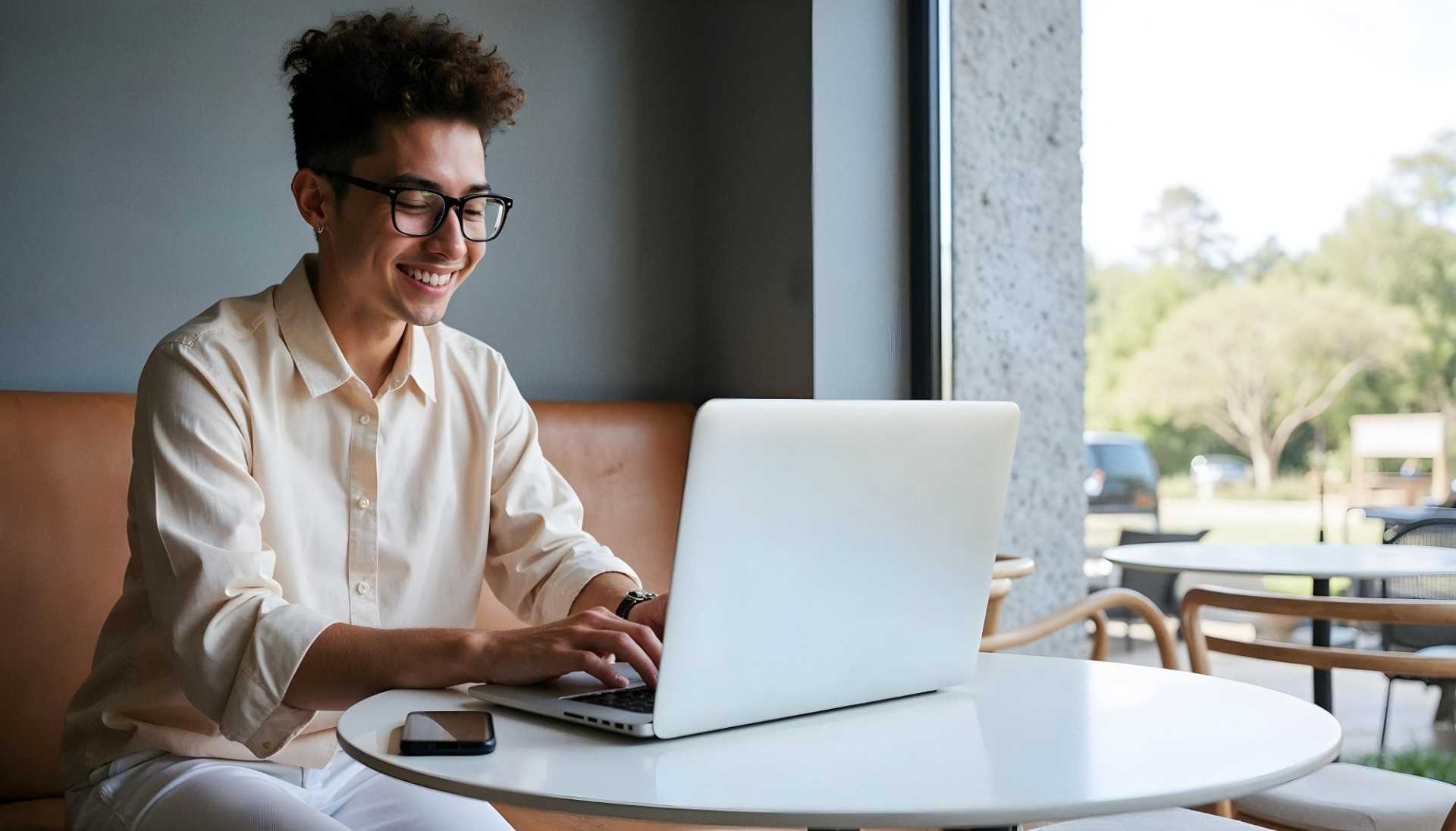 Jovem profissional sorridente usando laptop em ambiente de coworking, representando um Scrum Master moderno envolvido na gestão ágil de projetos.