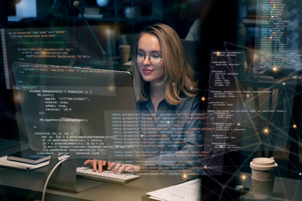 Mulher programando em um computador em escritório de tecnologia, com código e dados abstratos sobrepostos na imagem, sugerindo análise e desenvolvimento de software.