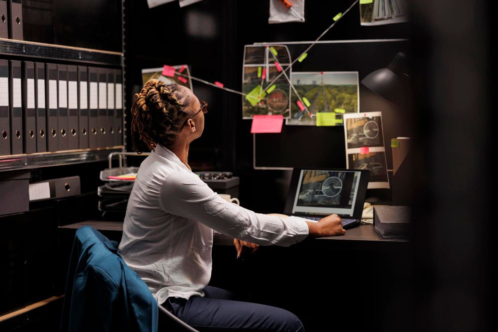 Profissional de terno branco sentado em mesa de escritório técnico, analisando informações em monitores e acompanhando gráficos e post-its no ambiente de trabalho com documentação.