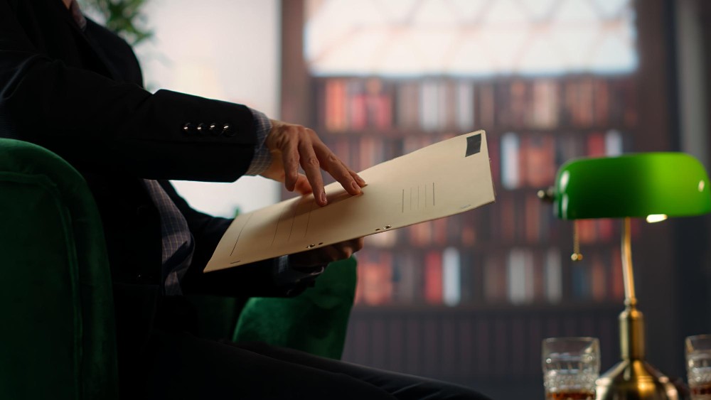 Pessoa entregando uma pasta de documentos em reunião de negócios, com estante e livros ao fundo, em um ambiente corporativo.