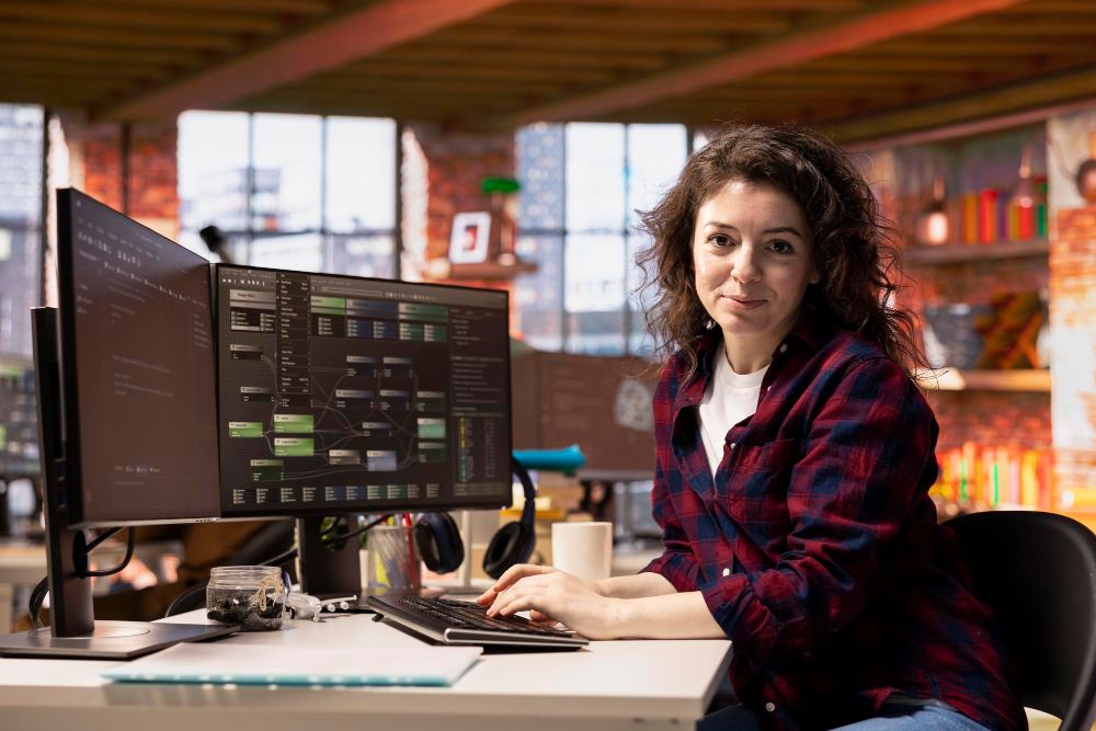Mulher sorridente trabalhando em um escritório moderno, com dois monitores exibindo gráficos e código, teclado e materiais sobre a mesa, ao fundo prateleiras e luz quente.