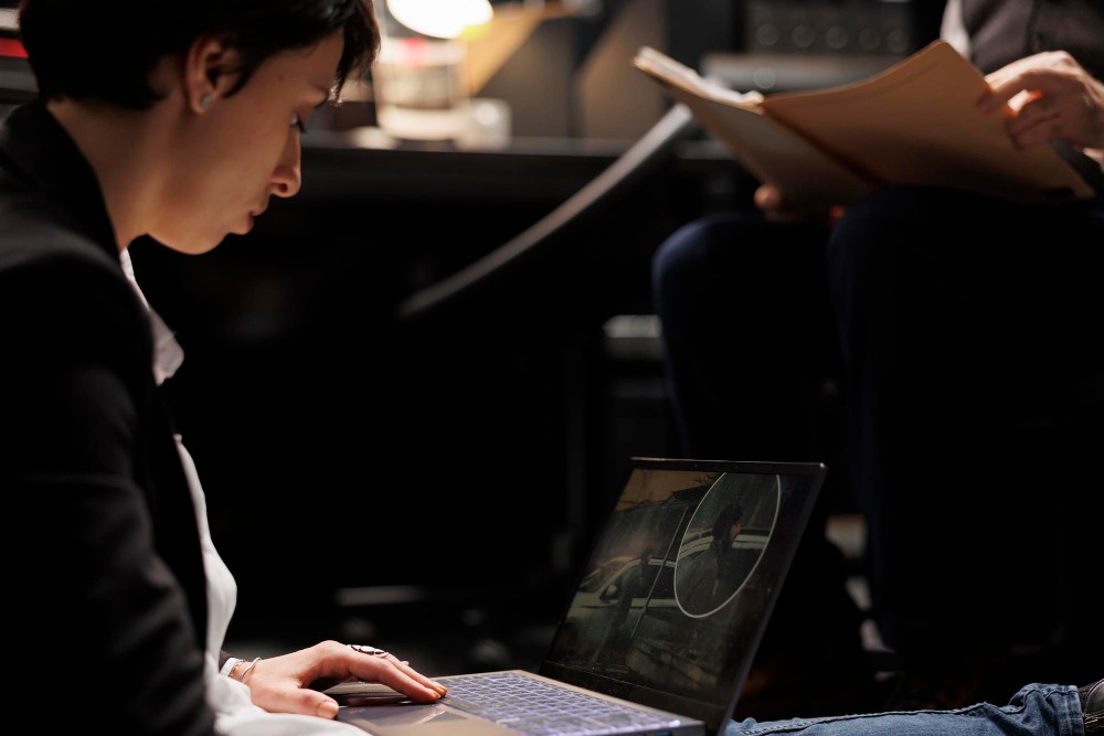 Pessoa trabalhando em um escritório, digitando em um notebook e revisando documentos impressos sobre a mesa, em ambiente corporativo com luz baixa e foco no trabalho.