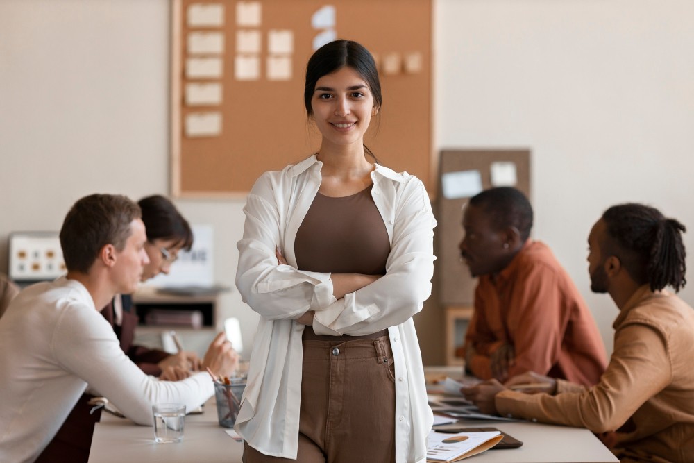 Professora em sala de aula, em pé e sorrindo, com braços cruzados, enquanto alunos trabalham em mesas ao fundo. Ambiente educacional moderno.