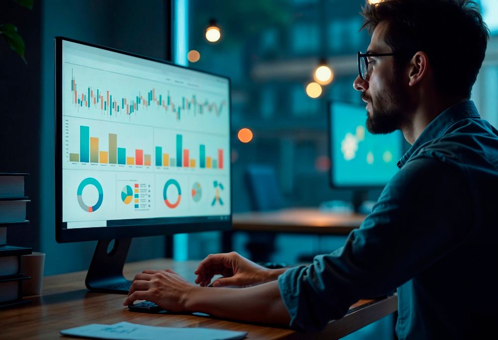 Profissional analisando gráficos e indicadores de mercado em um monitor, com gráficos de barras e linhas e painel de dados, em ambiente de escritório com luzes desfocadas ao fundo.