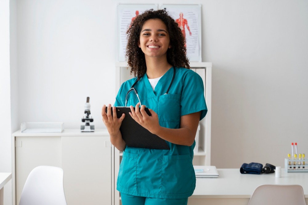 Mulher profissional de saúde usando uniforme verde e estetoscópio, sorrindo no consultório enquanto segura uma prancheta preta e se prepara para atender o paciente.