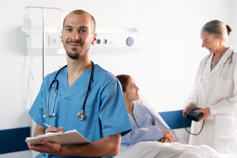 Médico de jaleco e máscara de estetoscópio em clínica, com prancheta nas mãos, enquanto outros profissionais e um paciente aparecem ao fundo em ambiente hospitalar