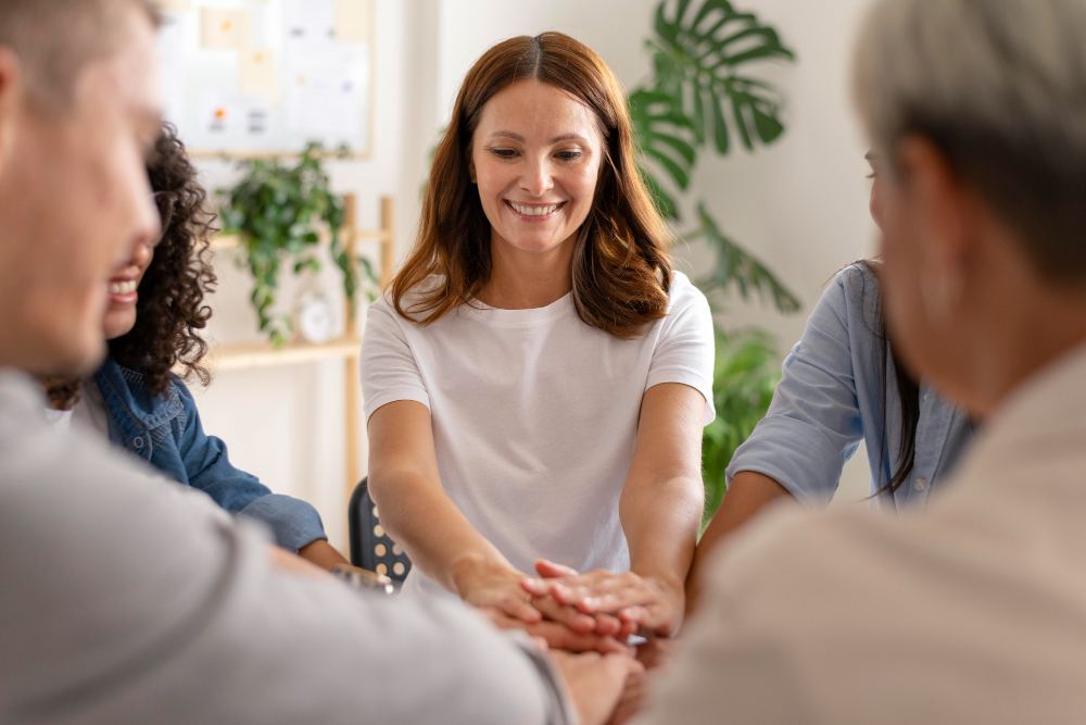 Encontro de equipe em ambiente corporativo: mulher sorridente em reunião de trabalho cumprimente os colegas apertando as mãos, transmitindo colaboração e confiança.