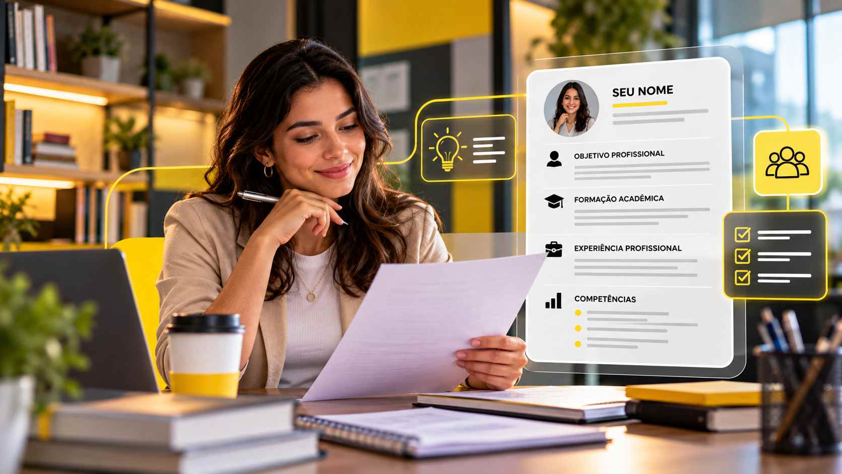Mulher em escritório analisando um documento enquanto um template de currículo aparece na tela com seções como objetivo profissional, formação acadêmica e experiência profissional, modelo de curriculo em administracao